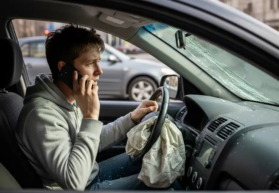 person in a damaged car on phone