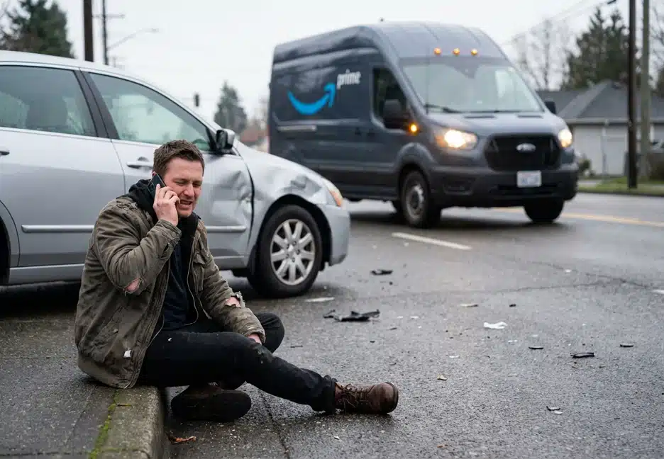 man in car accident with delivery van on phone