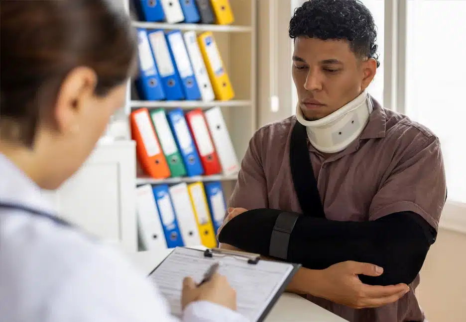 injured man speaking with doctor