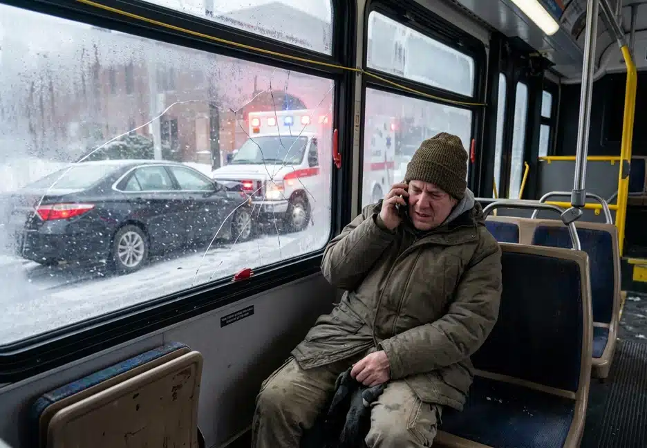 injured man on bus calling on cell phone
