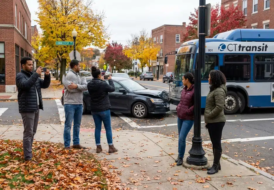 people photographing bus accident