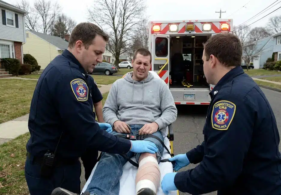 EMS attending to injured man's leg