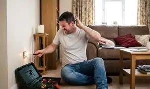man getting shocked by electrical outlet