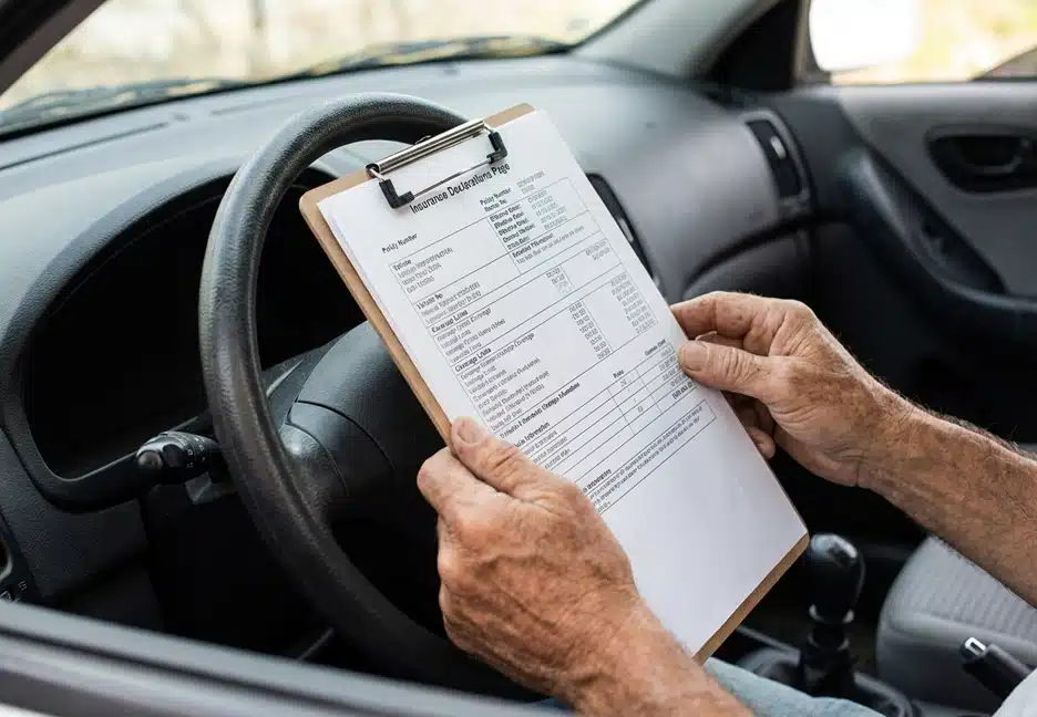 driver in car looking at insurance papers