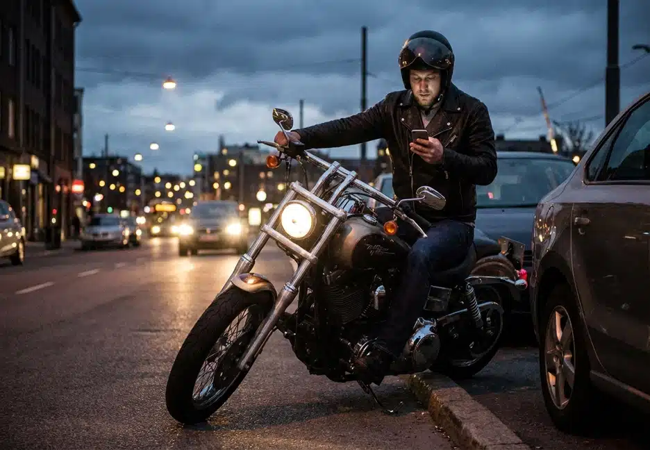 distracted motorcycle rider on phone