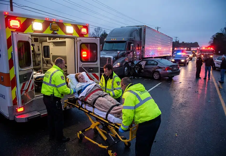 woman injured in car crash with a trailer truck