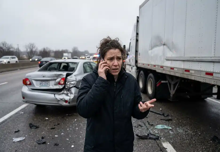 woman calling for help on phone after being in an accident with a truck