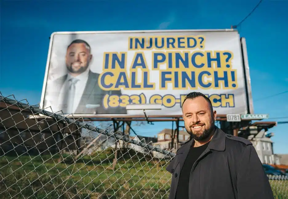 Peter Finch standing by billboard