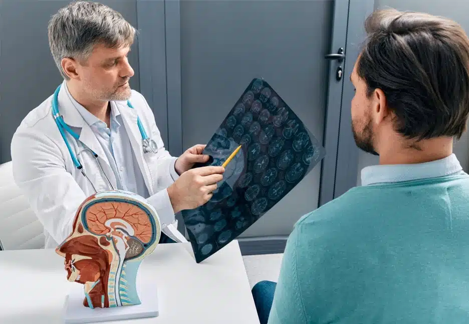 doctor showing brain scan to patient