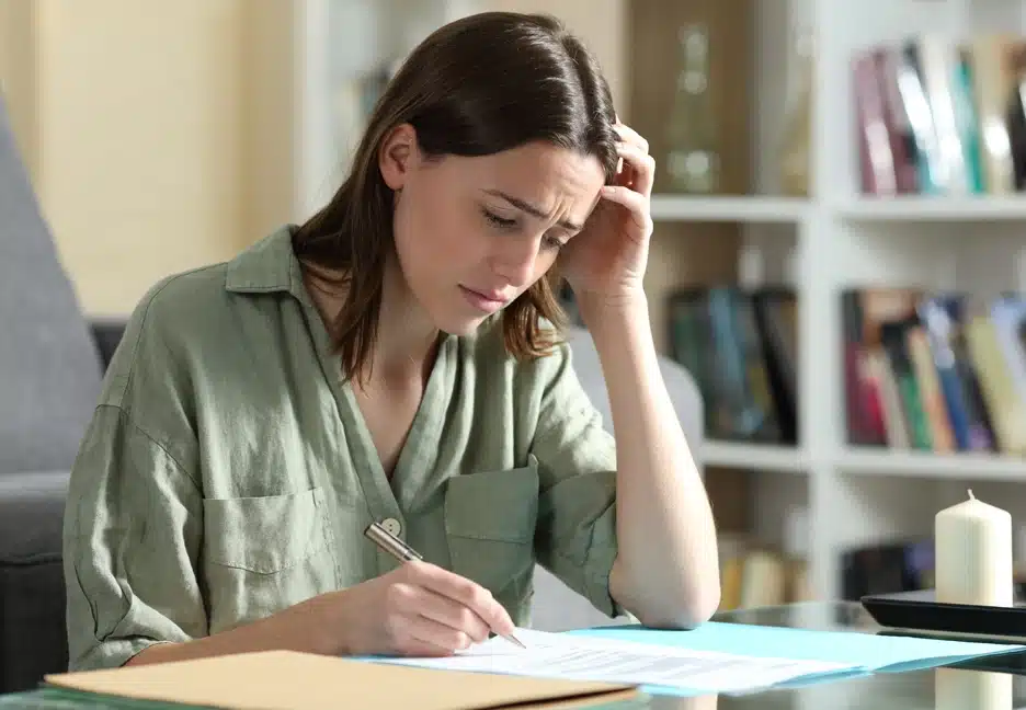 sad woman signing documents